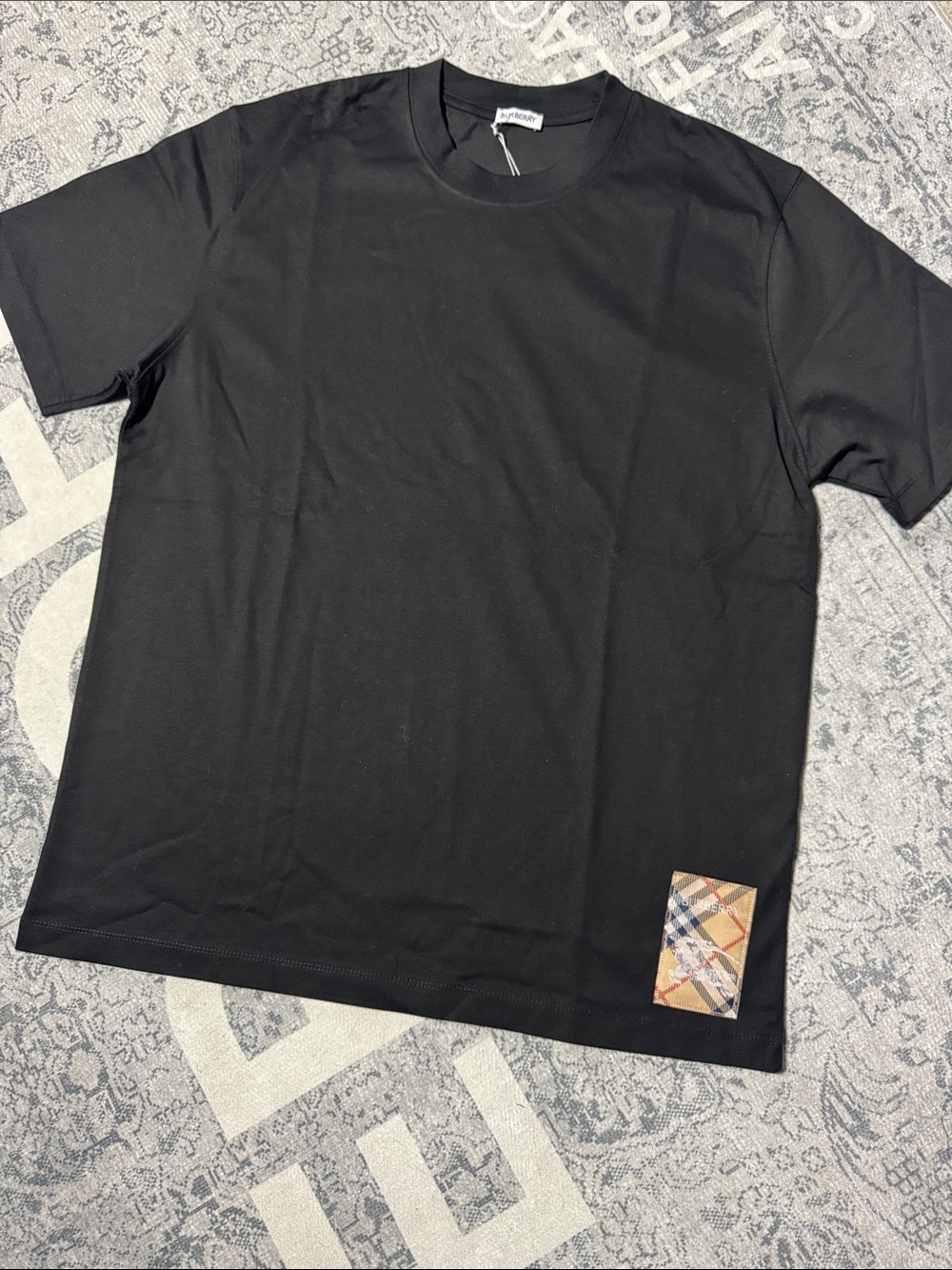 Burberry Black Short-Sleeve Crewneck Tee with Signature Check Hem Patch